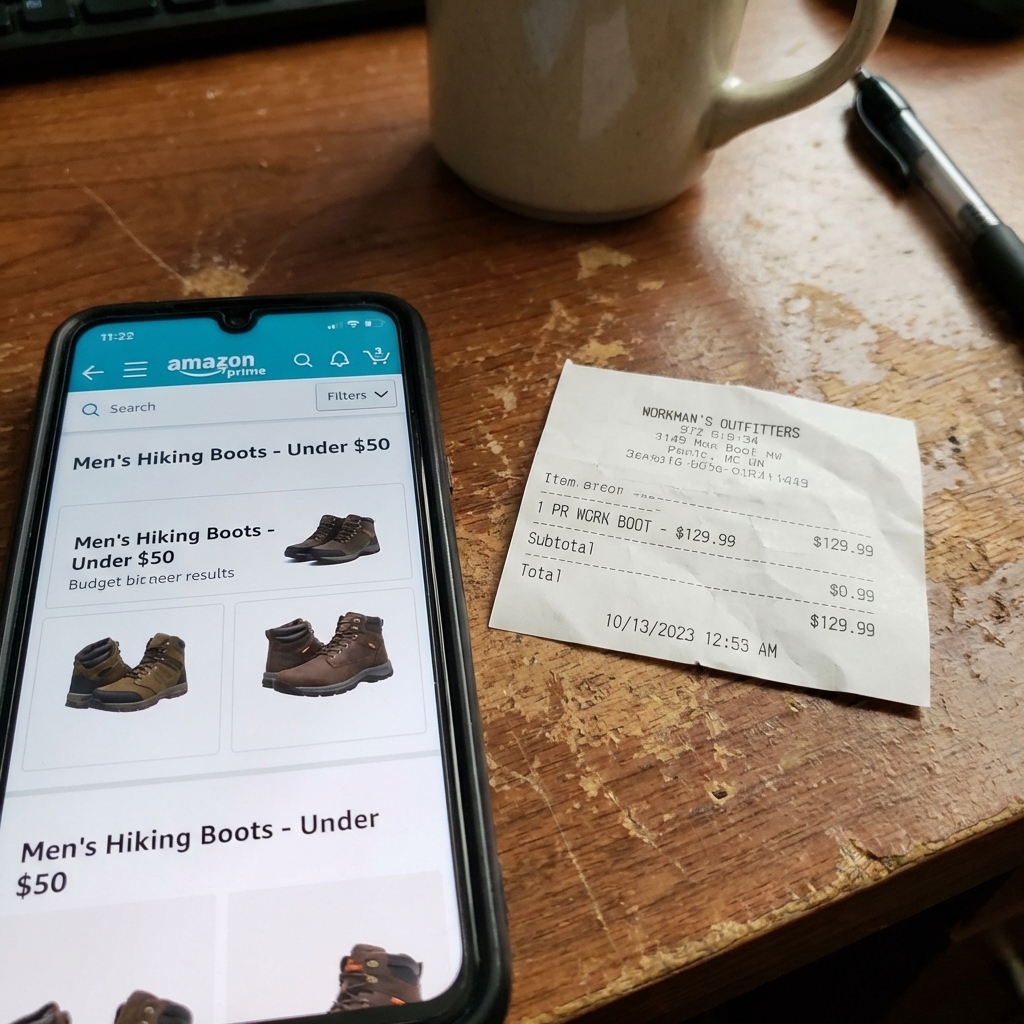 Amazonの検索結果画面と実店舗のレシートの対比