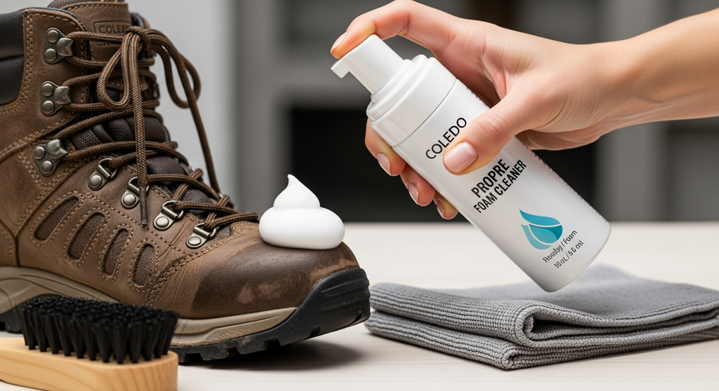 Applying foam cleaner to hiking boot