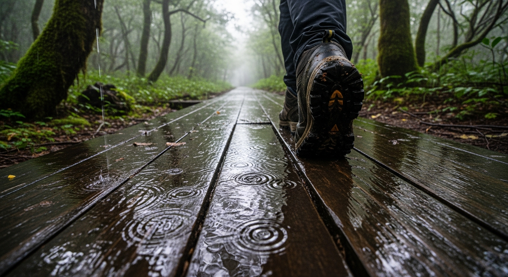 Wet wooden hiking path