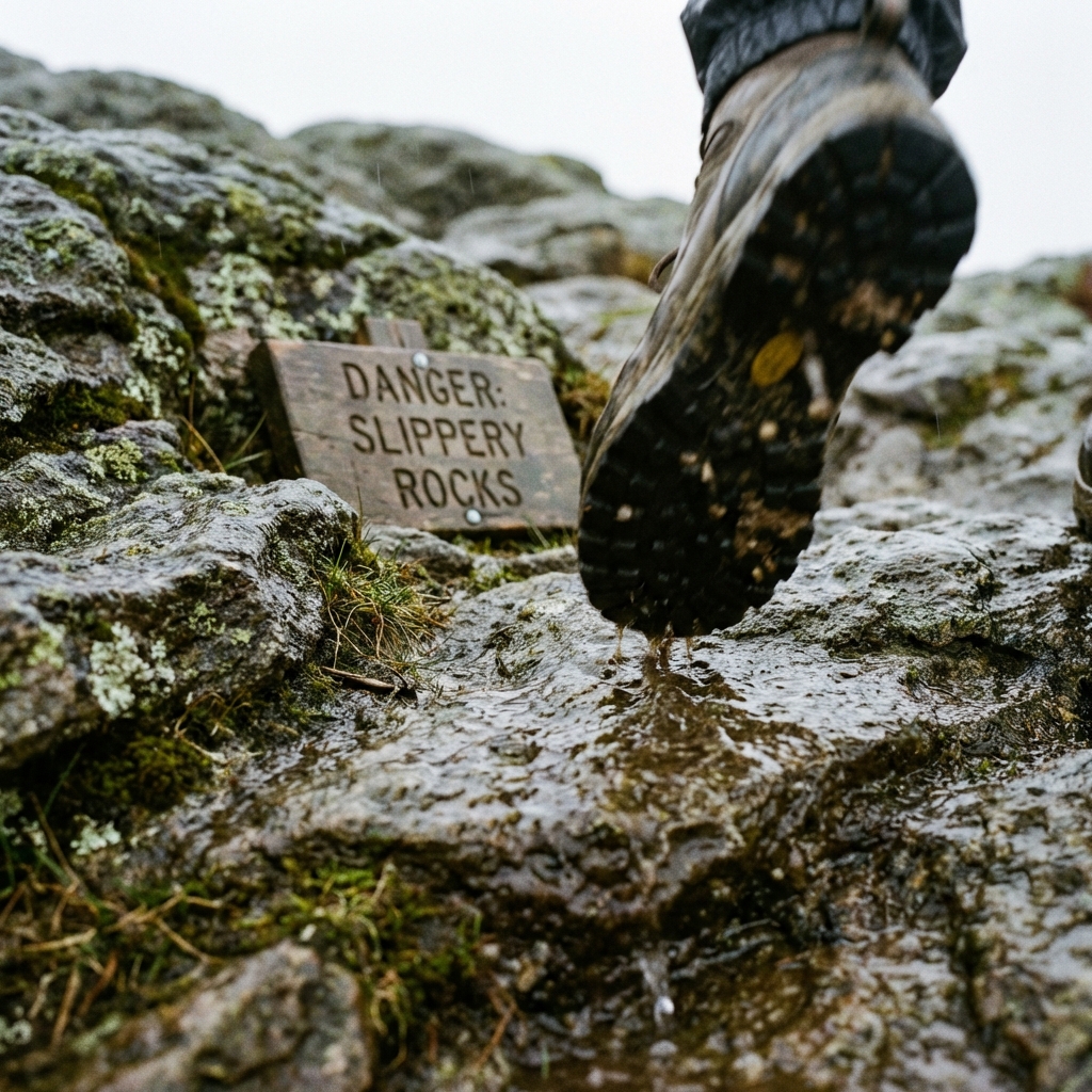 濡れて苔むした岩場を歩く足元。滑りやすい危険な状況