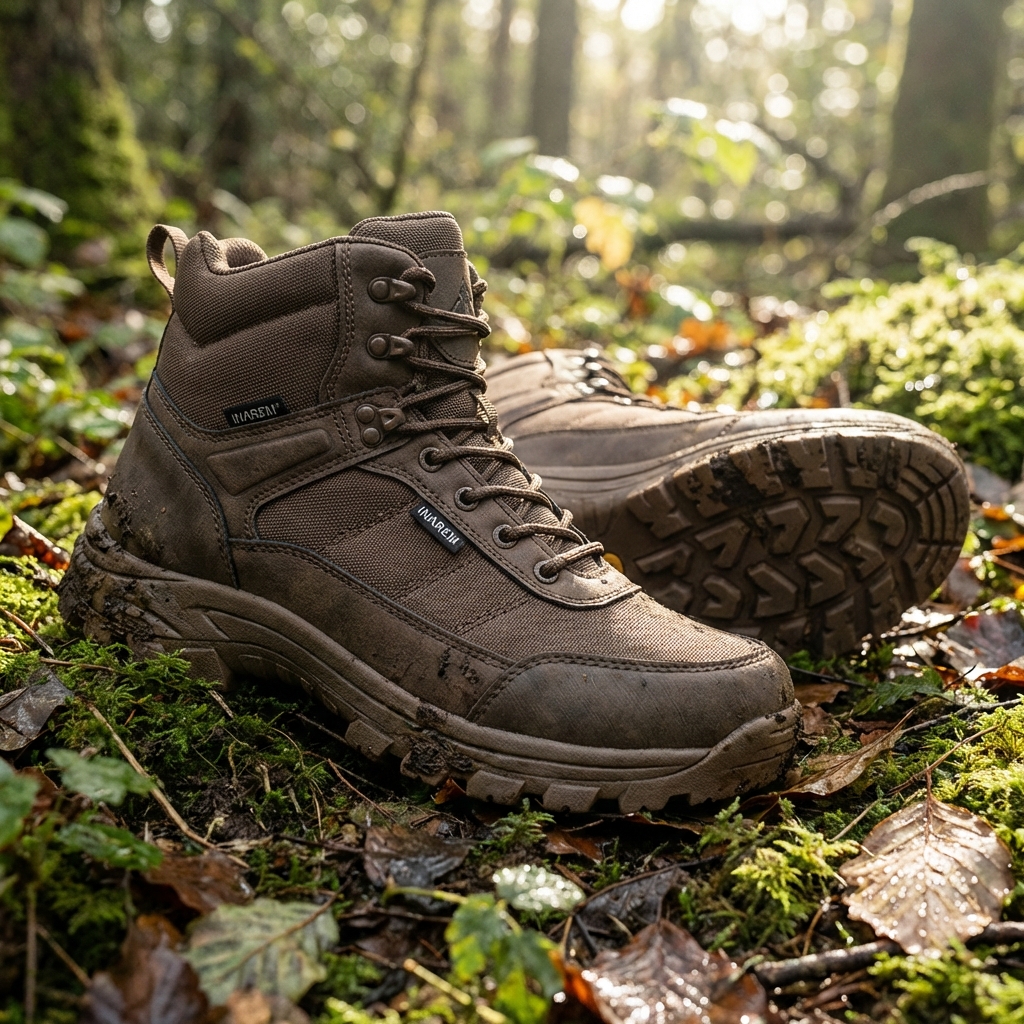 森の中に置かれたワークマン トレックシューズ アジム。INAREM素材の質感と堅牢なソールが見て取れる