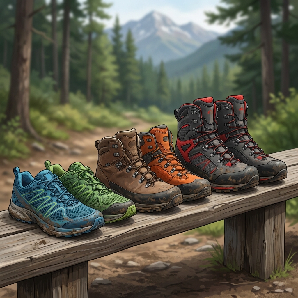 ローカット、ミッドカット、ハイカットの登山靴の比較イラスト