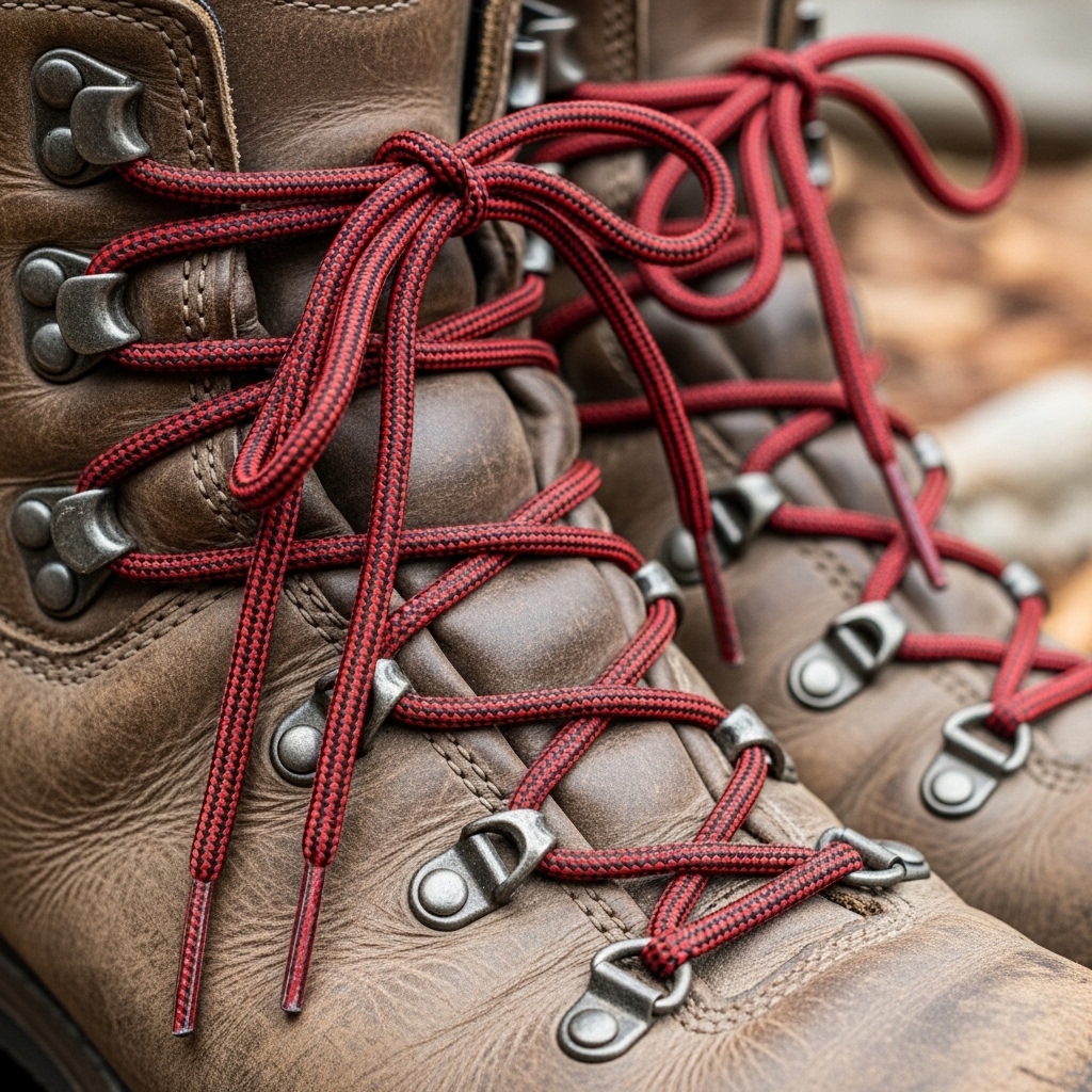 しっかりと紐が締められた登山靴のアップ