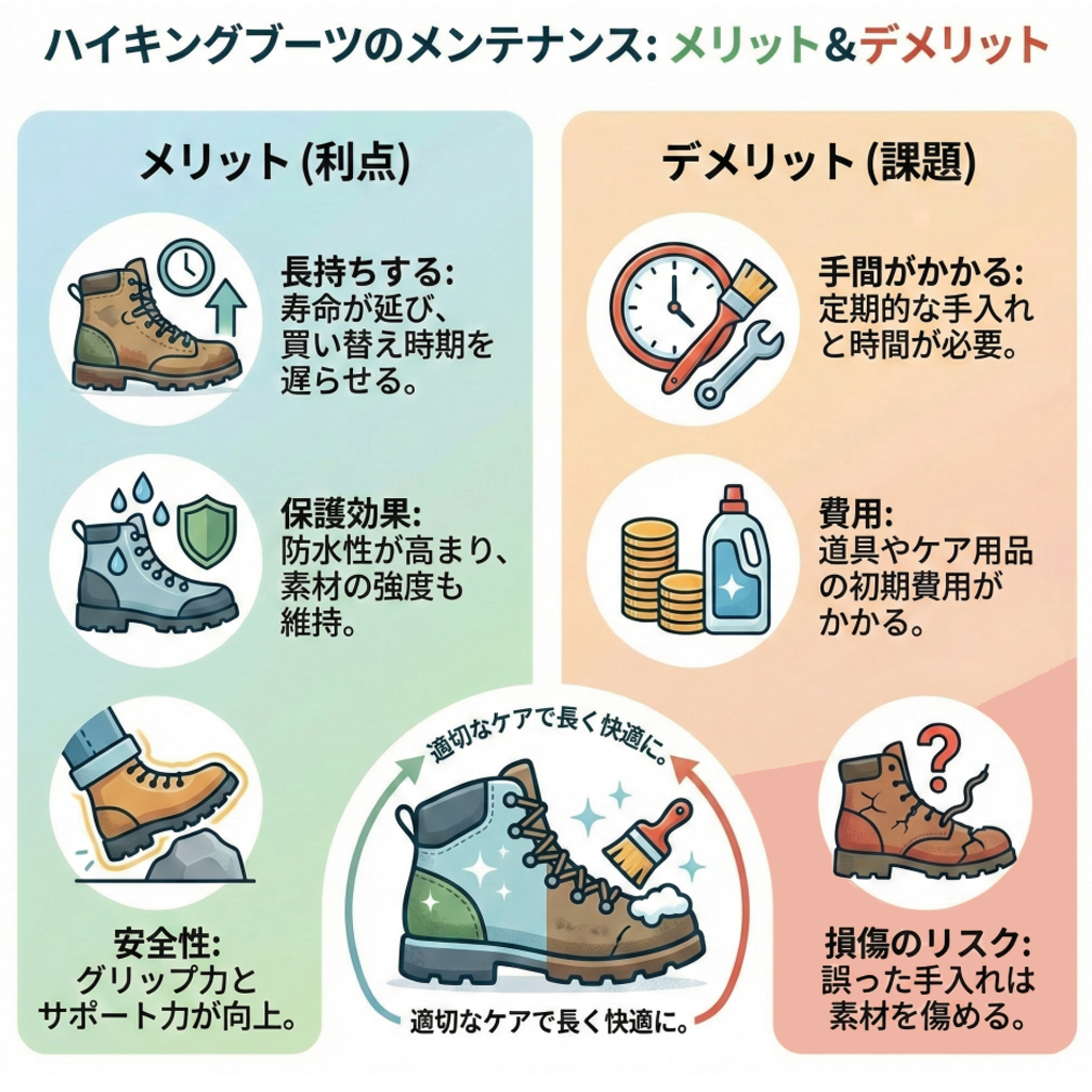 メンテナンスのメリット（寿命延長、機能維持、安全、衛生）とデメリット（手間、コスト）をまとめたインフォグラフィック